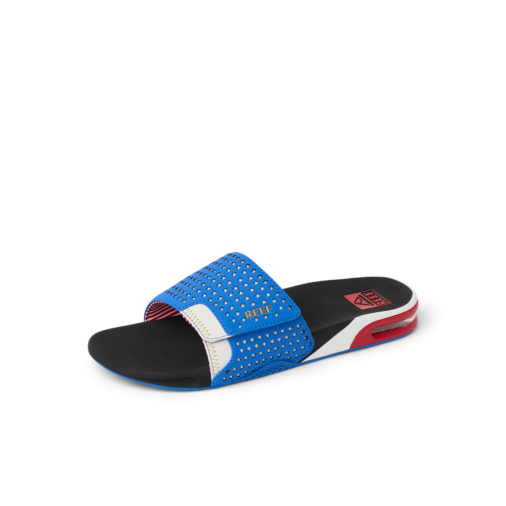 Fanning Slide men’s right side view, blue water-friendly slide with arch support and cushioning for beach comfort.