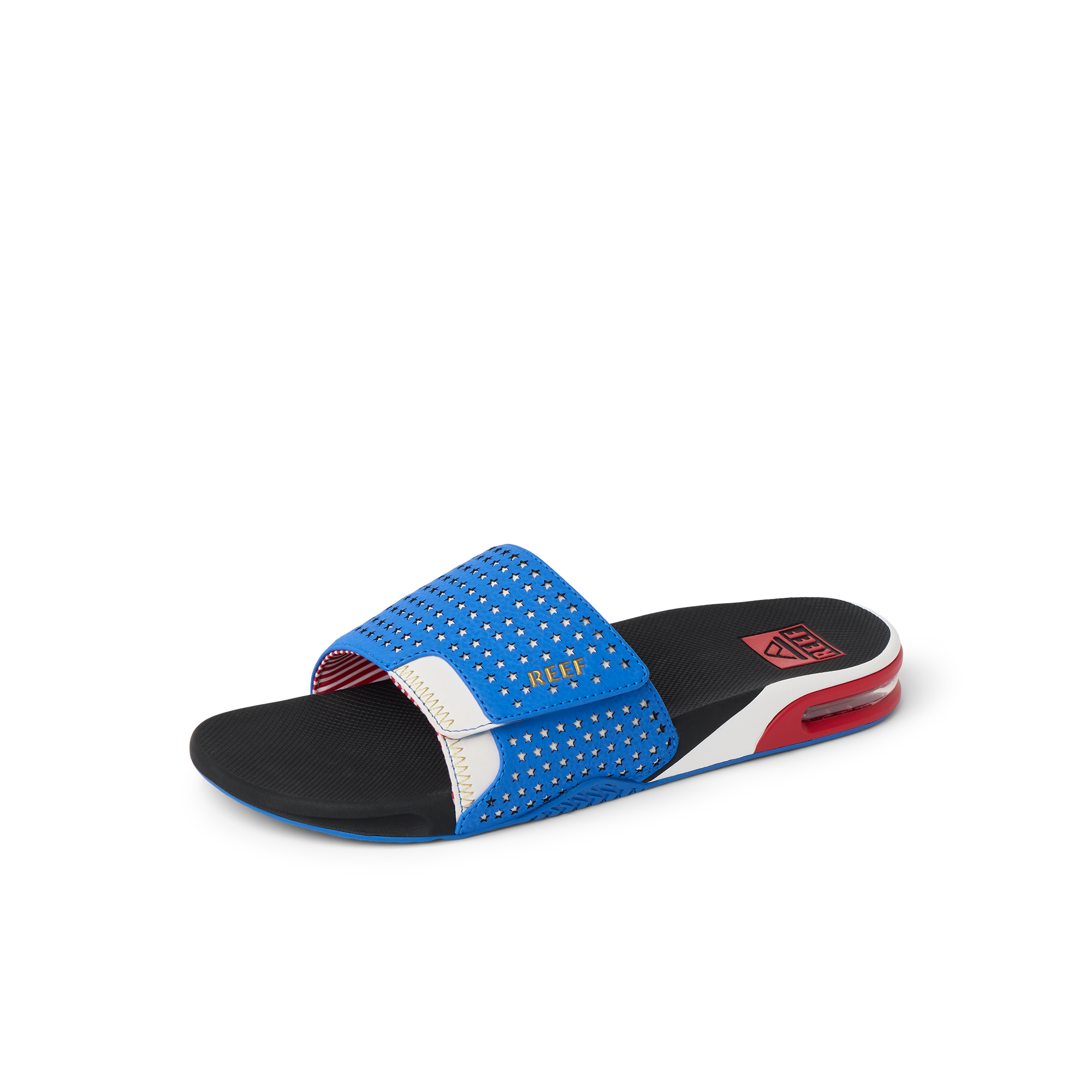 Fanning Slide men’s right side view, blue water-friendly slide with arch support and cushioning for beach comfort.