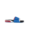 Fanning Slide facing right, showing side profile of blue and red breathable slide with cushioned sole and arch support.