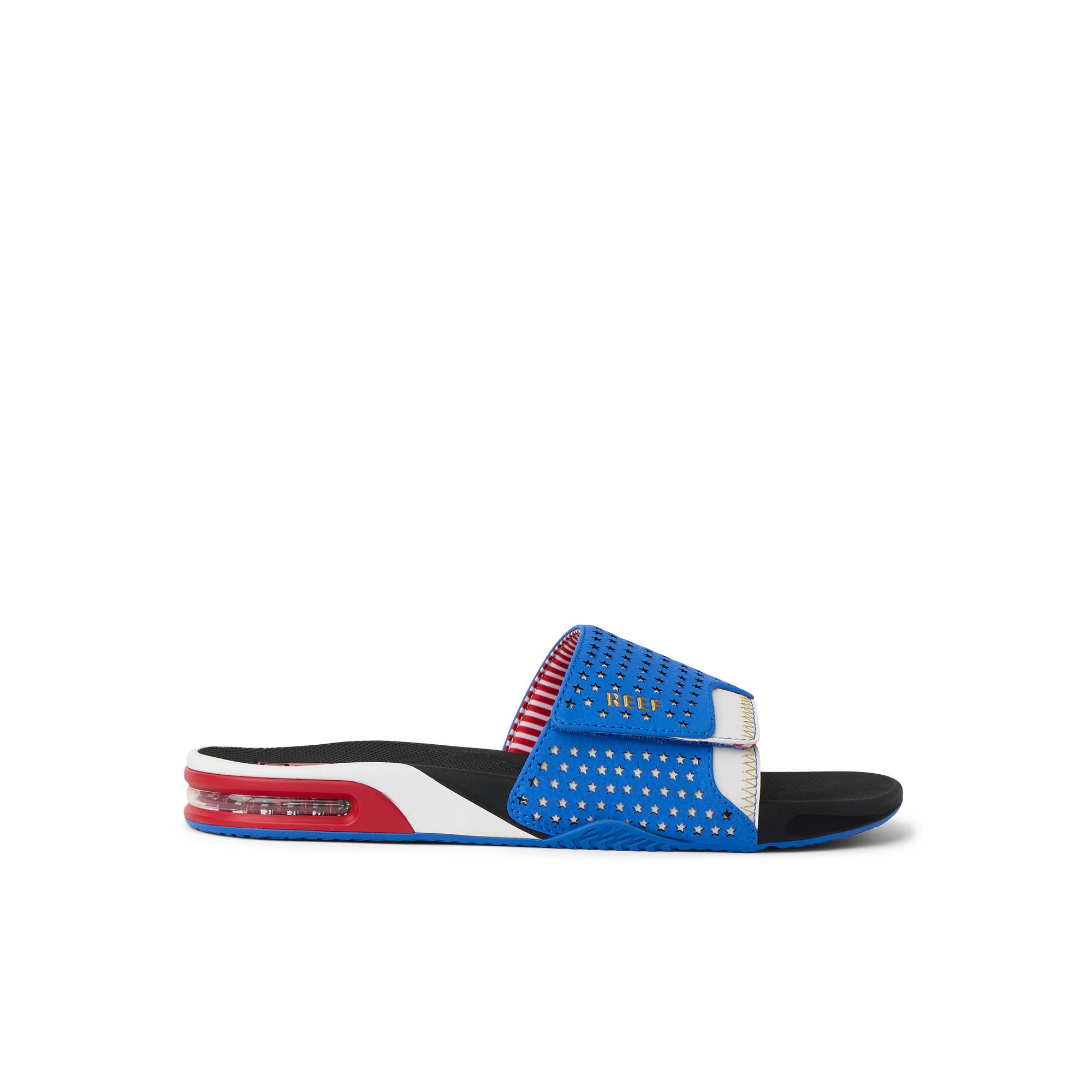 Fanning Slide facing right, showing side profile of blue and red breathable slide with cushioned sole and arch support.