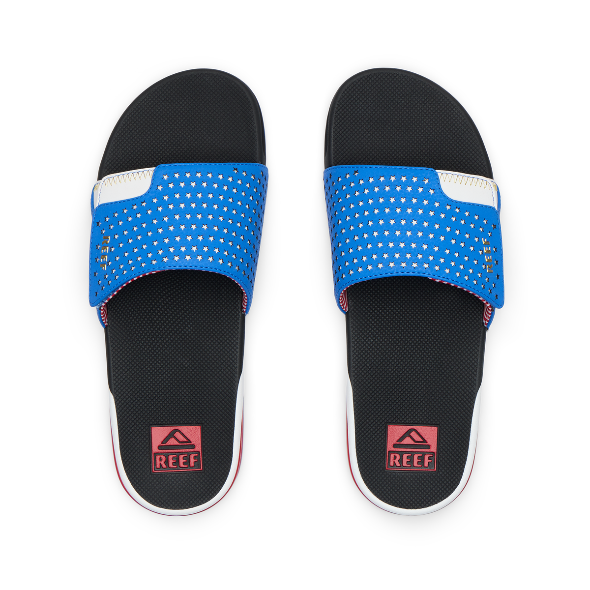 Top view of men's Fanning Slide with blue strap and black footbed, featuring Reef logo, lightweight and water-friendly design.