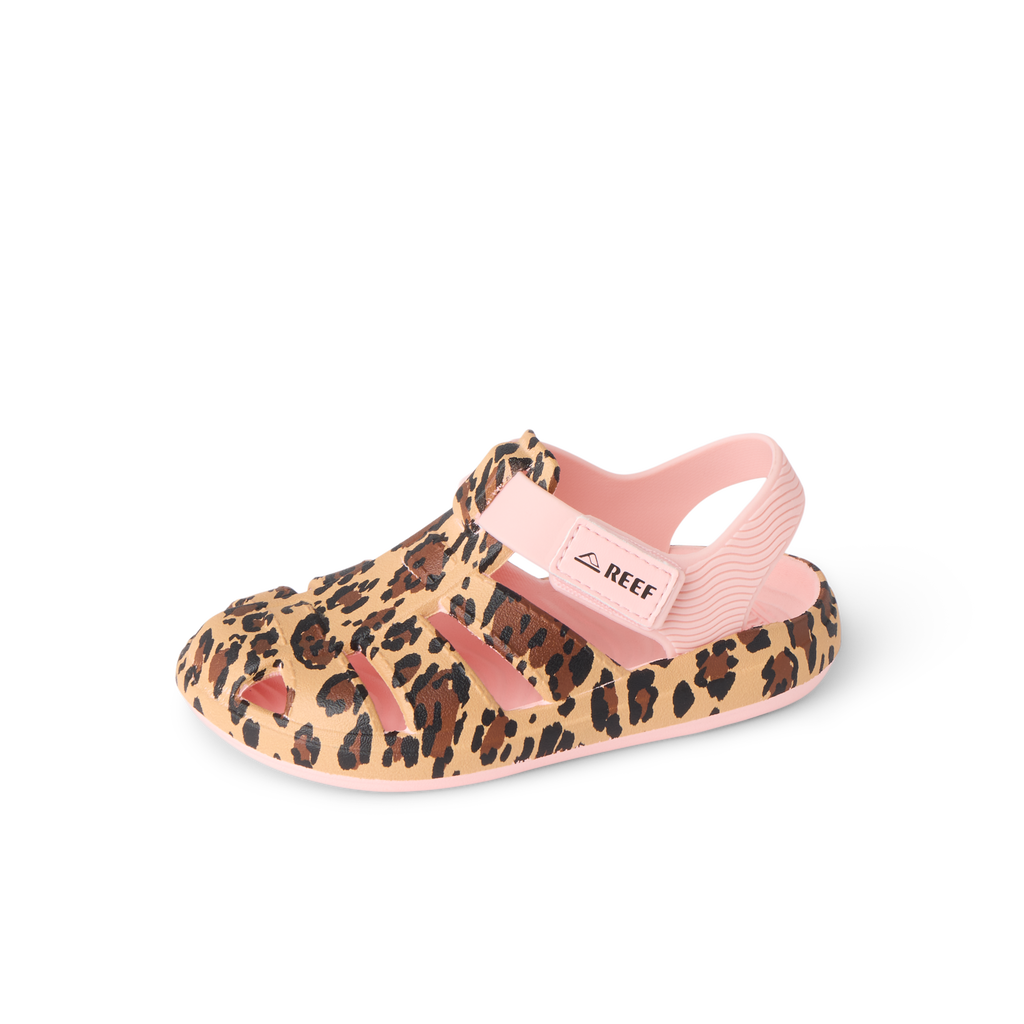 G Totally Beachin toddler sandal facing right, leopard print with pink adjustable strap, water-friendly and comfort-focused design.