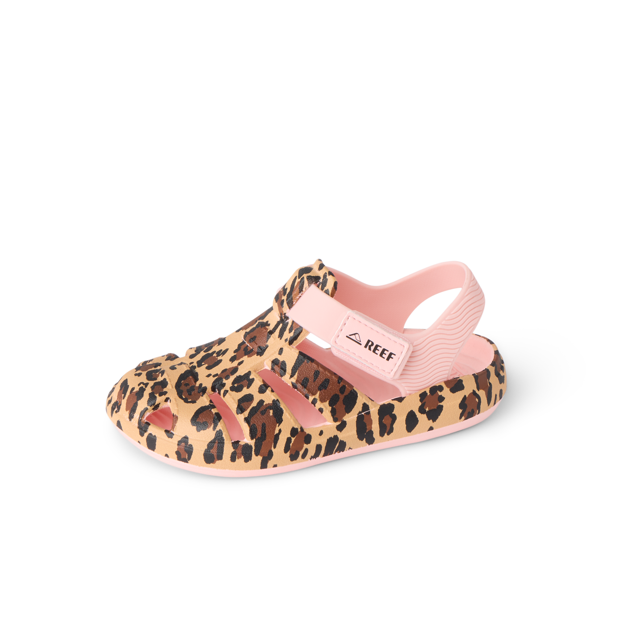 G Totally Beachin toddler sandal facing right, leopard print with pink adjustable strap, water-friendly and comfort-focused design.