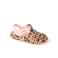 G Totally Beachin sandal facing right, close-up of closed-toe cheetah print with adjustable velcro strap, water-friendly design.