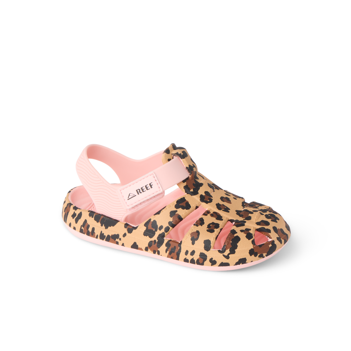 G Totally Beachin sandal facing right, close-up of closed-toe cheetah print with adjustable velcro strap, water-friendly design.