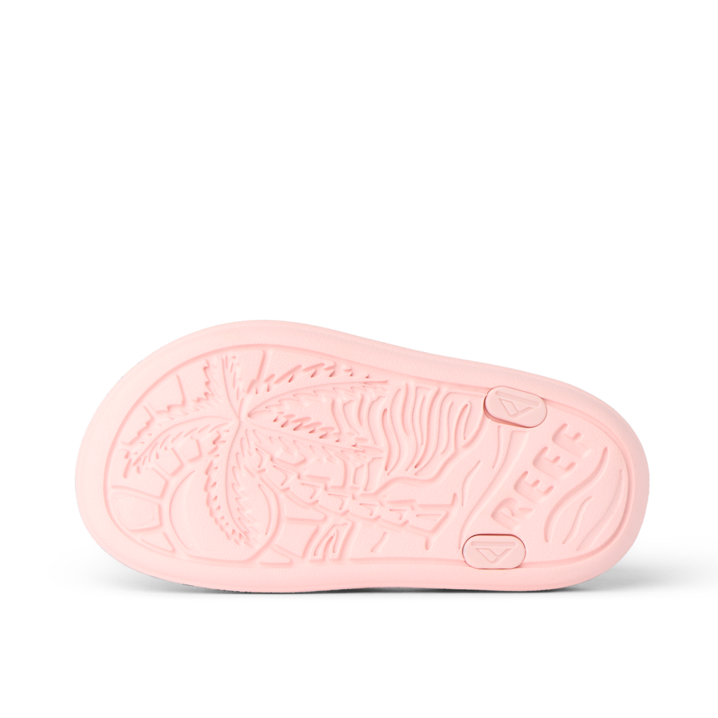 G Totally Beachin pink sandal outsole showing palm tree tread design, water-friendly comfort, and surf-inspired durability.