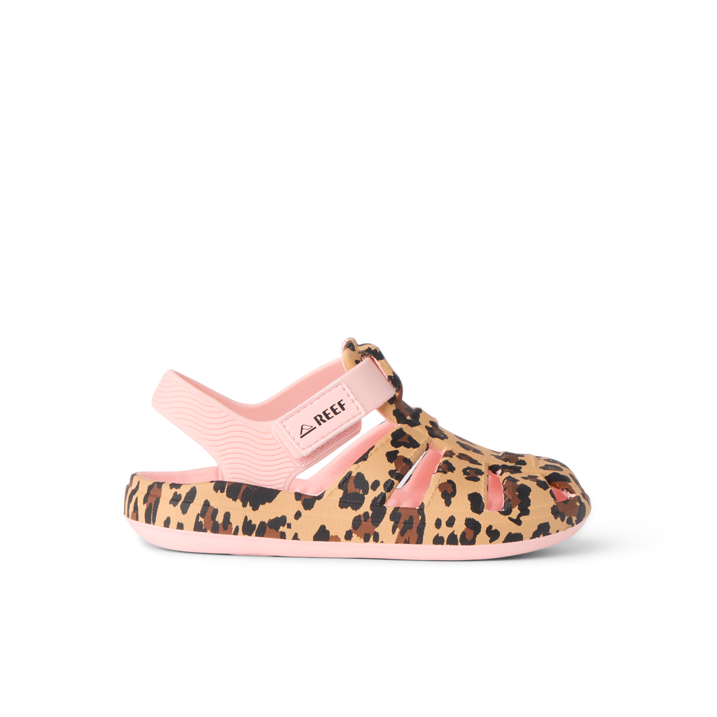 Side view of G Totally Beachin sandal for kids in cheetah print with adjustable velcro strap and cushioned footbed, water-friendly design.