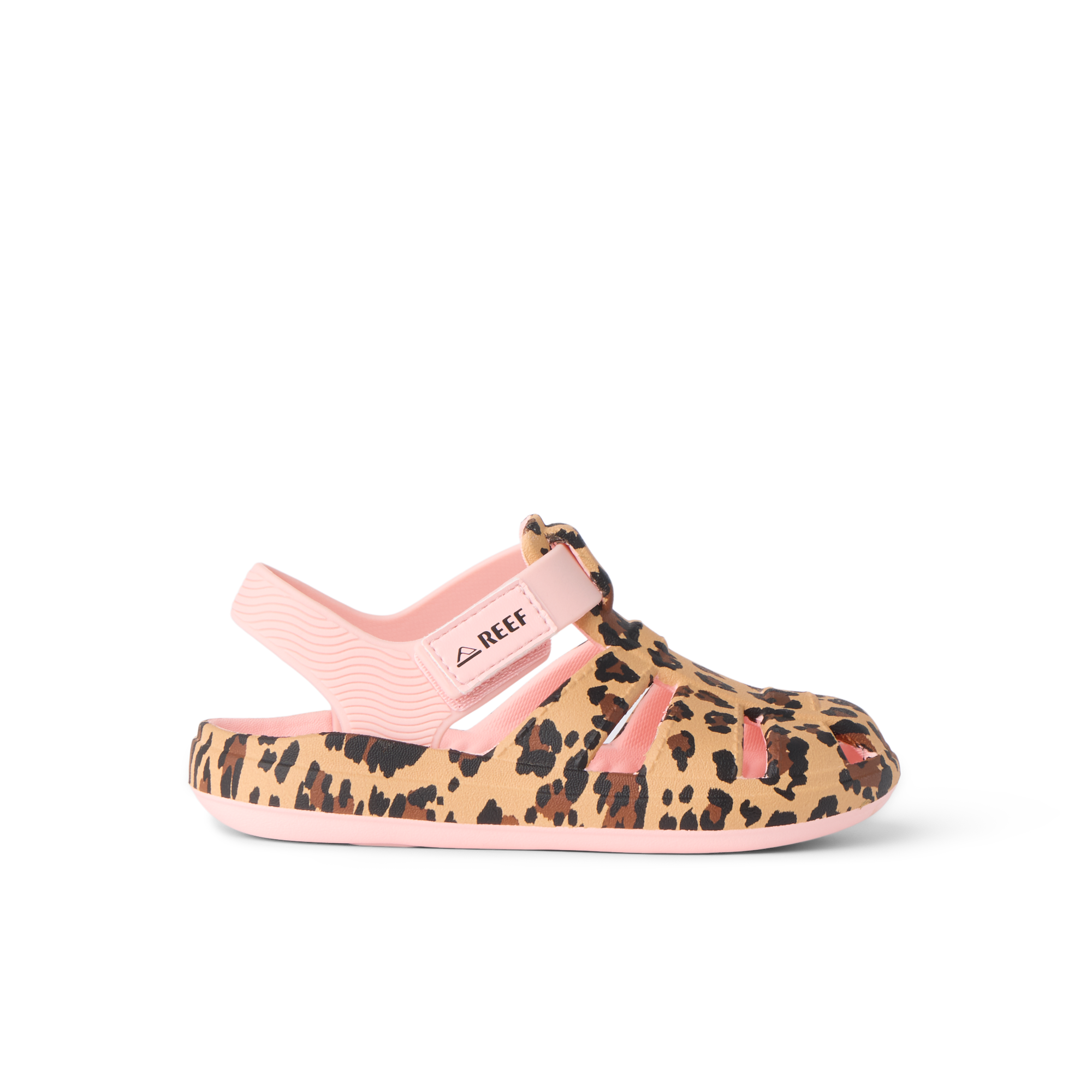 Side view of G Totally Beachin sandal for kids in cheetah print with adjustable velcro strap and cushioned footbed, water-friendly design.