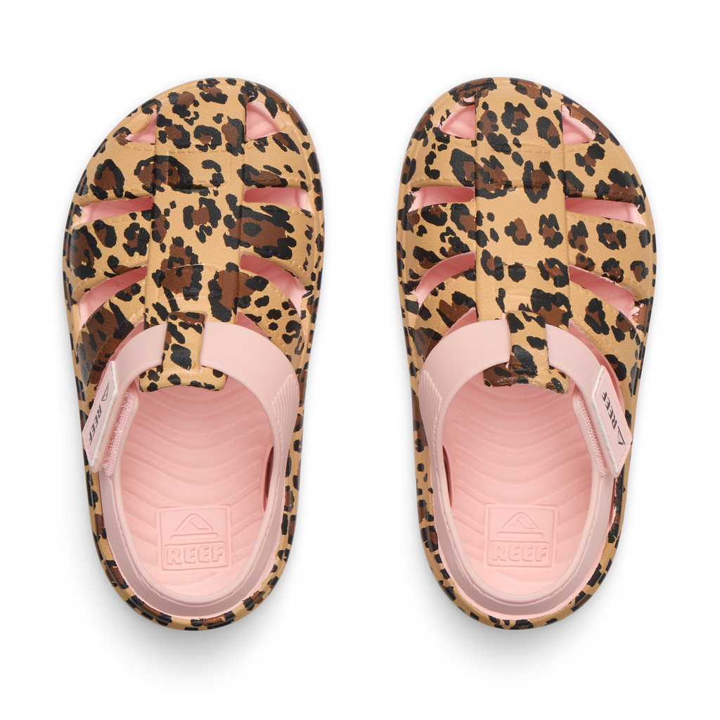 Top view of G Totally Beachin sandals with adjustable velcro strap, leopard print, pink cushioned footbed, water-friendly comfort.
