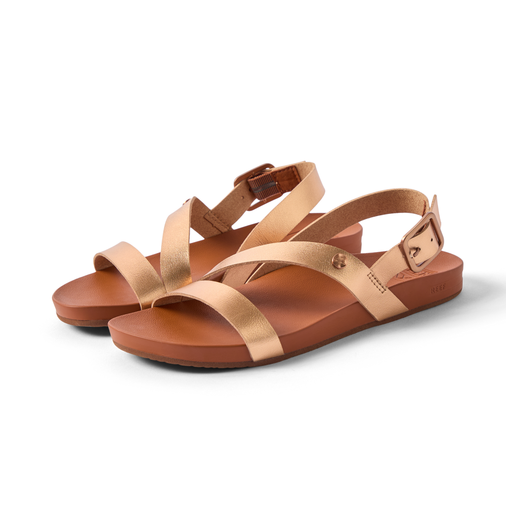 Vista Isabella women's sandals facing right, rose gold straps, soft footbed, and adjustable buckle for comfort.