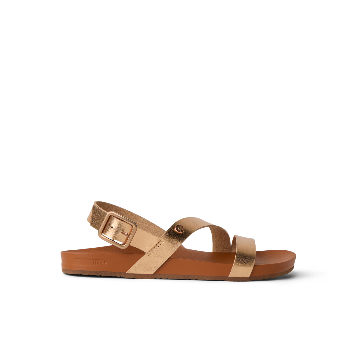 Vista Isabella women's sandal facing right, bronze straps with buckle, beach-inspired comfort and arch support design.