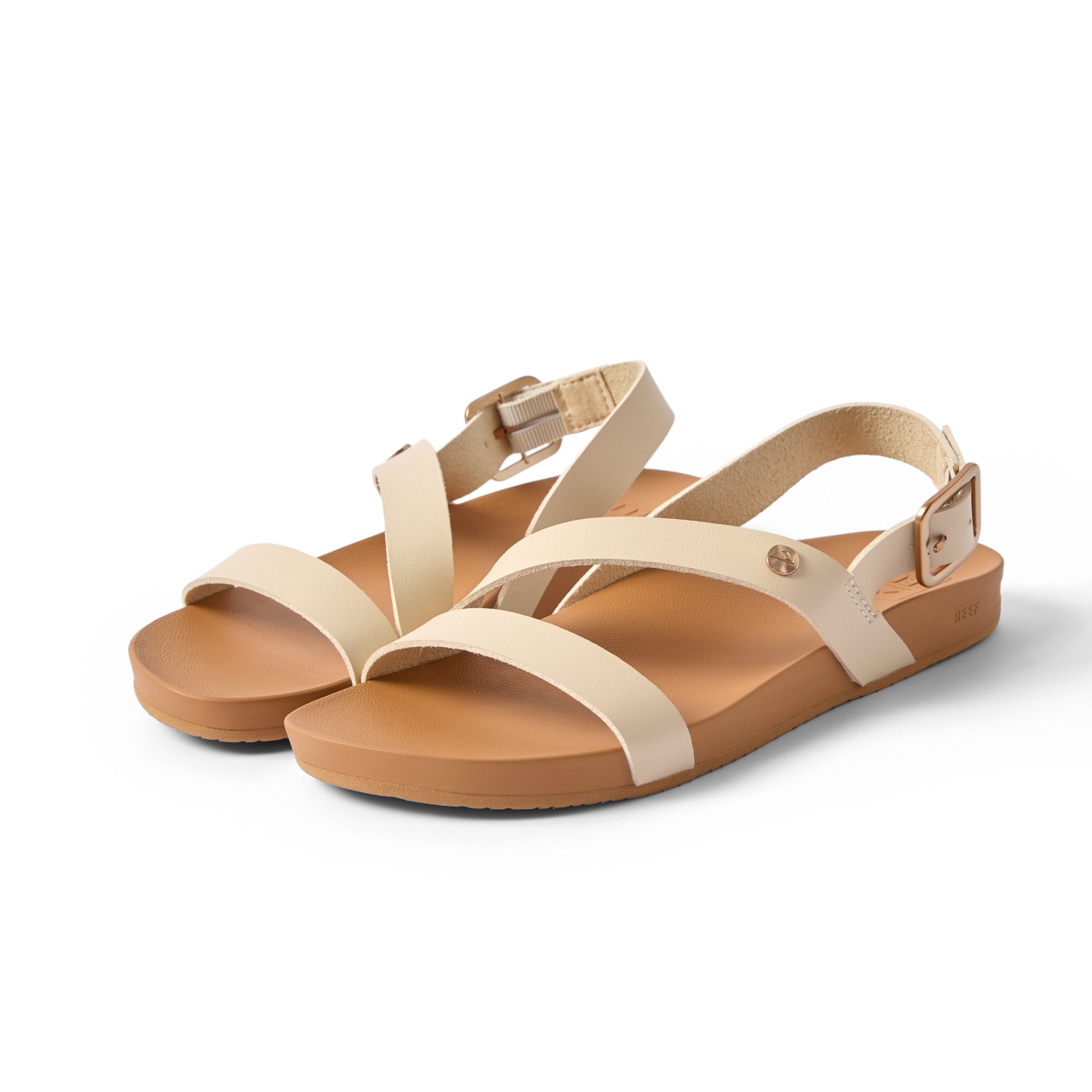 Vista Isabella women's sandals facing left with beige straps, adjustable buckle, and comfort-focused cushioned footbed.