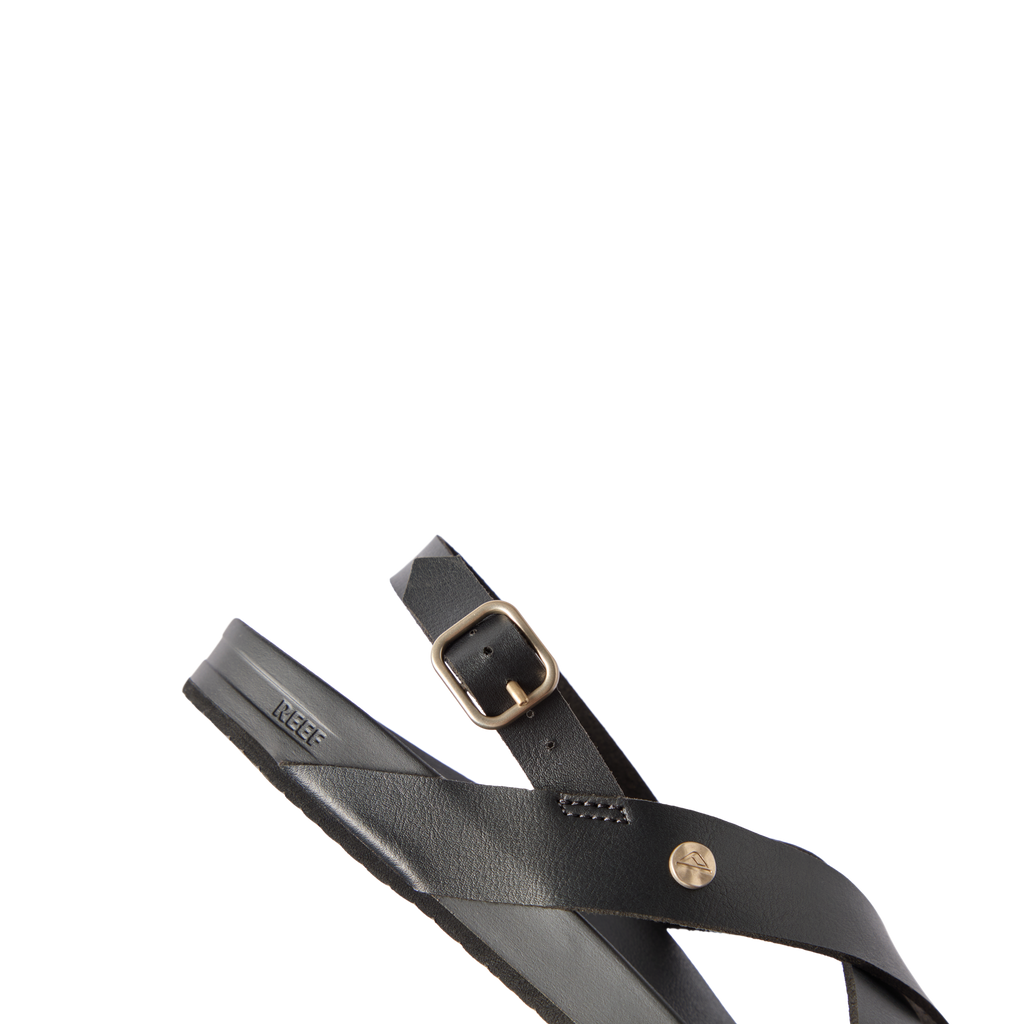 Vista Malia black women's sandal facing left, close-up on cushioned arch support and adjustable strap buckle