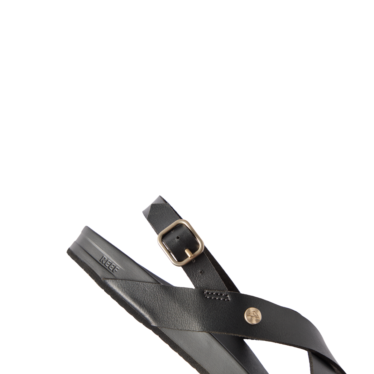 Vista Malia black women's sandal facing left, close-up on cushioned arch support and adjustable strap buckle