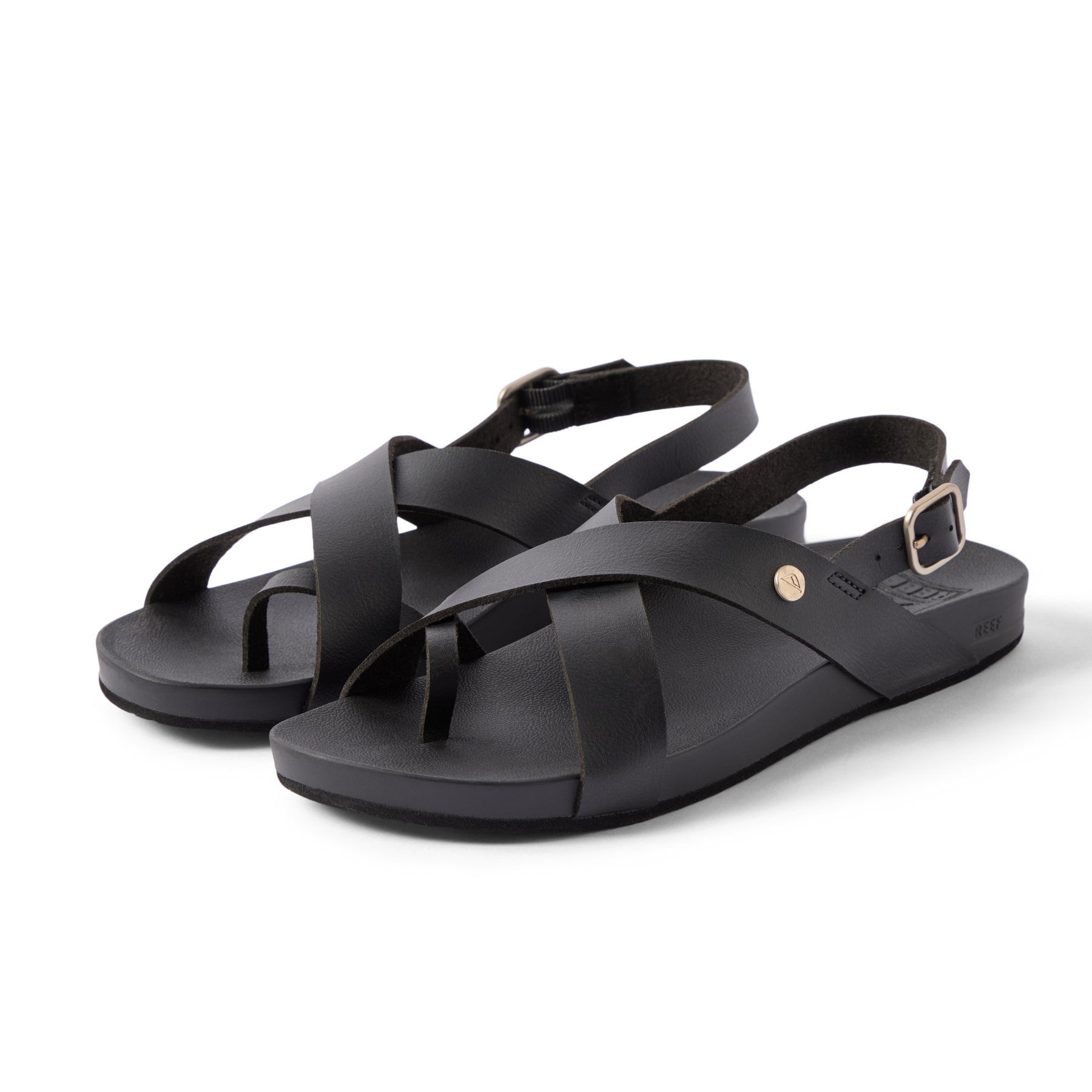 Vista Malia women's black sandals facing right, close-up front side view, with cushioned arch support and adjustable strap.