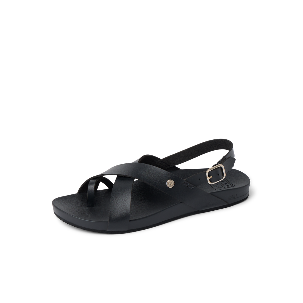 Vista Malia women's black sandal facing left with adjustable strap, cushioned sole, and anatomical arch support.