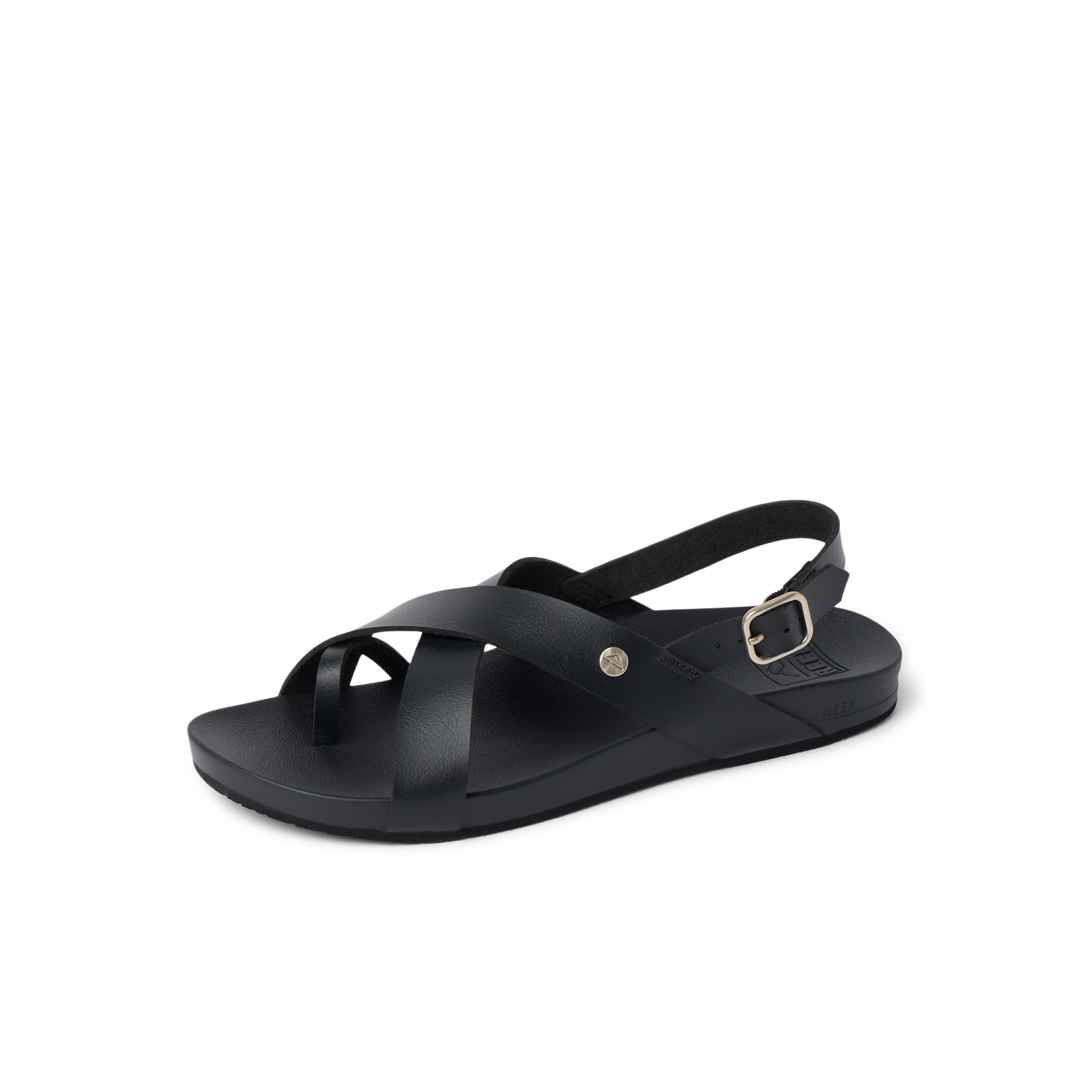 Vista Malia women's black sandal facing left with adjustable strap, cushioned sole, and anatomical arch support.
