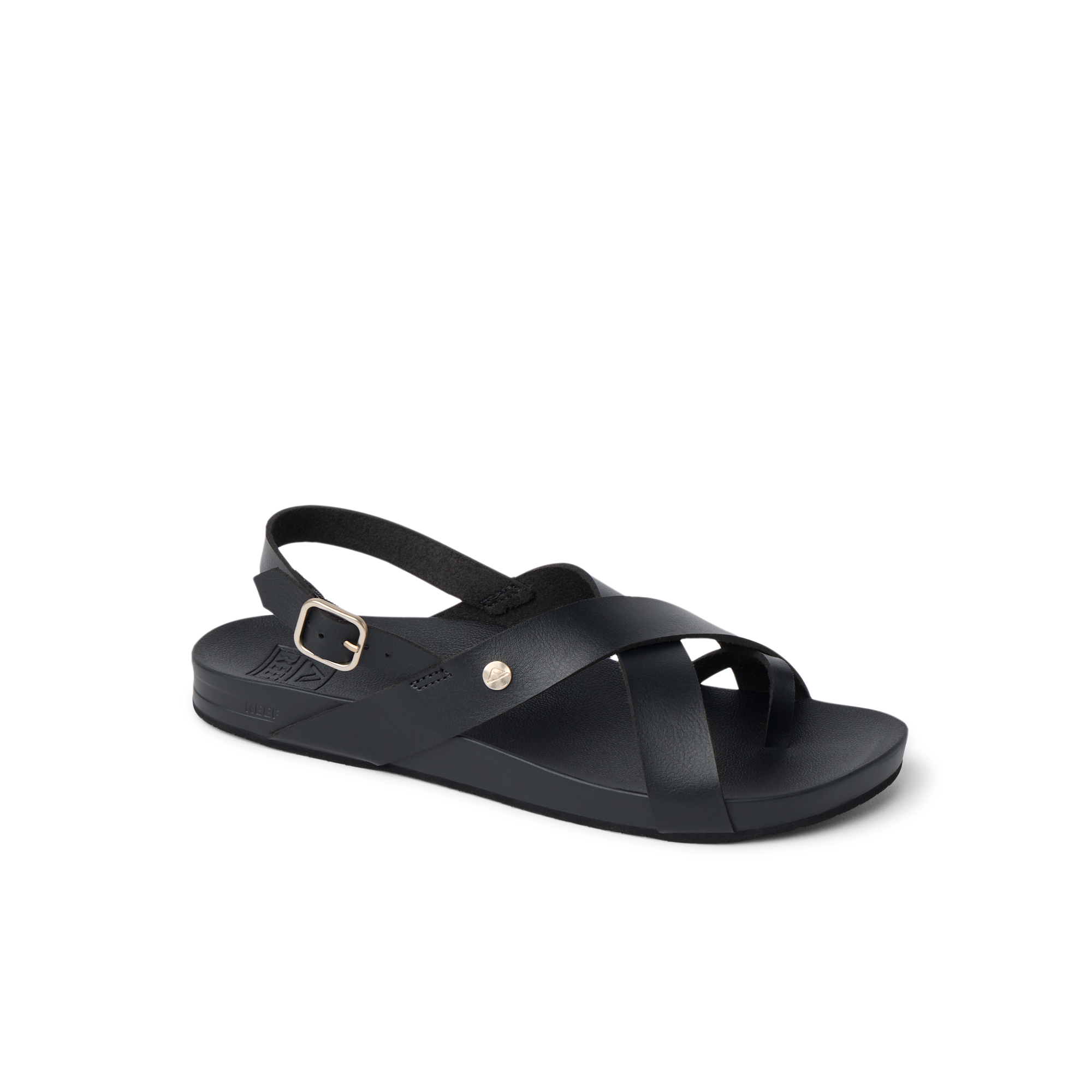 Vista Malia women's black sandal facing right with adjustable ankle strap, anatomical arch support, and cushioned footbed.