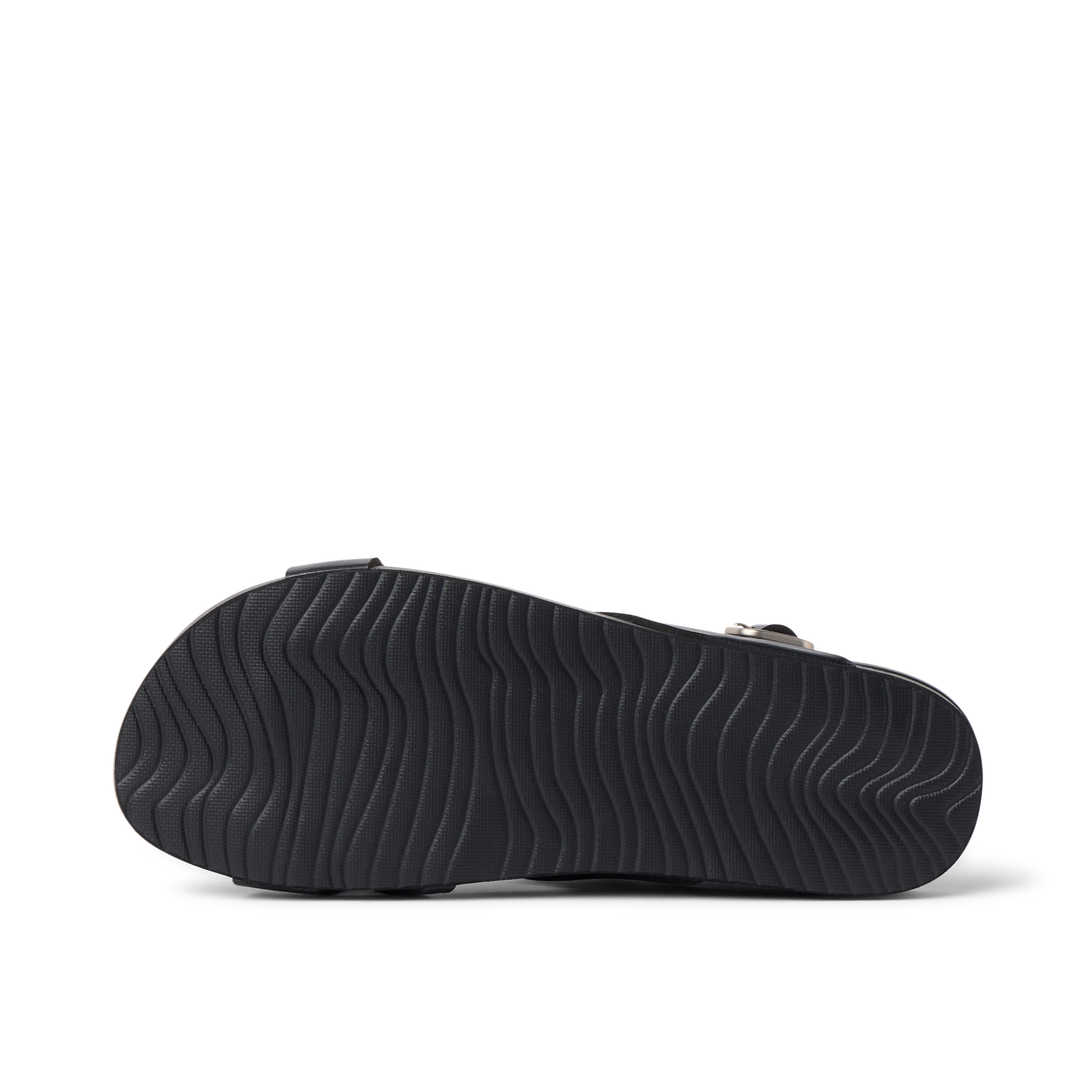 Vista Malia black sandal outsole facing up, showing textured, water-friendly sole with cushioned arch support