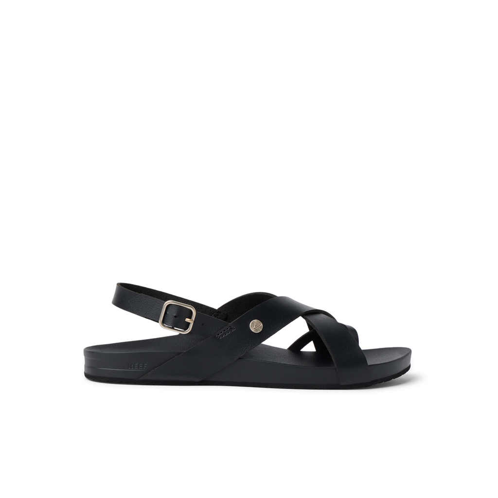 Vista Malia women’s black sandal facing right, showing side straps with buckle and cushioned arch support for comfort.