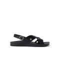 Vista Malia women’s black sandal facing right, showing side straps with buckle and cushioned arch support for comfort.