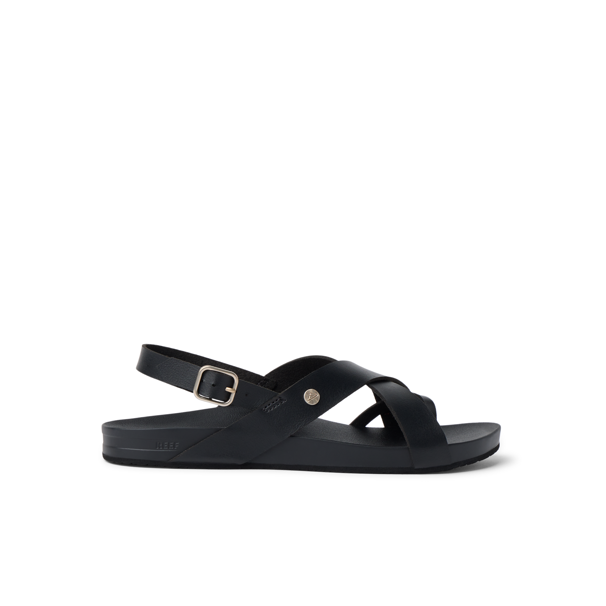 Vista Malia women’s black sandal facing right, showing side straps with buckle and cushioned arch support for comfort.