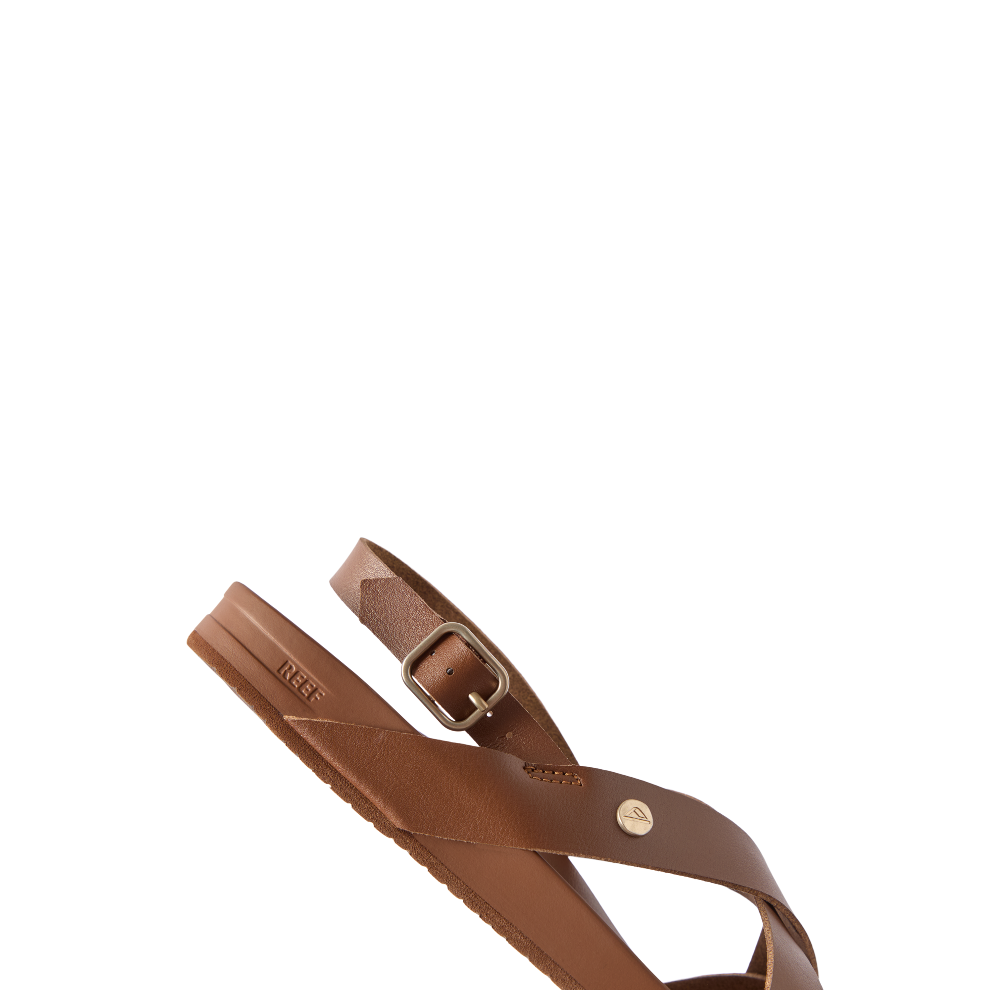 Vista Malia women’s sandal facing left, close-up on upper straps with buckle in chocolate brown leather, comfort design.