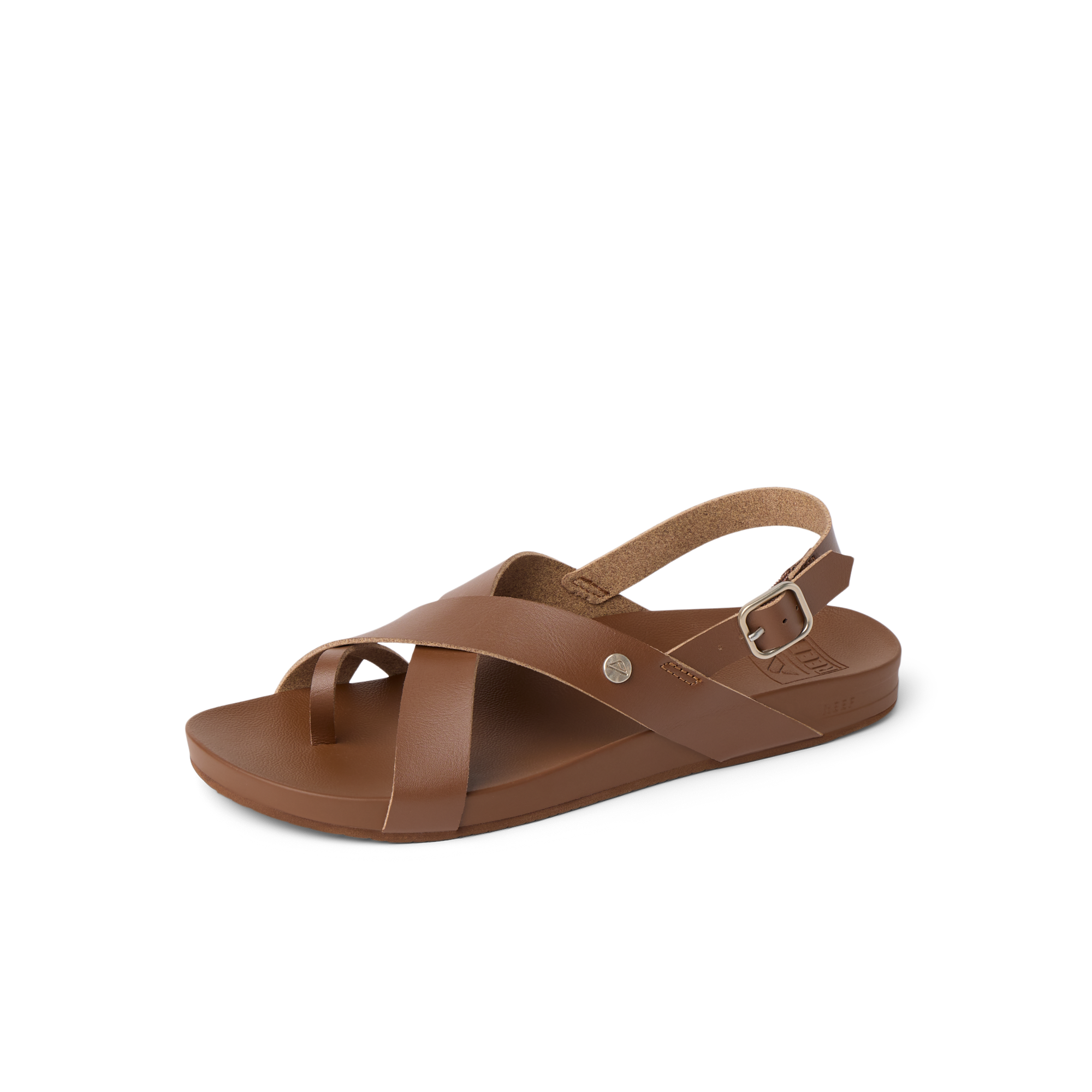 Vista Malia brown sandal for women facing right, close-up on front and side showing comfort design and arch support