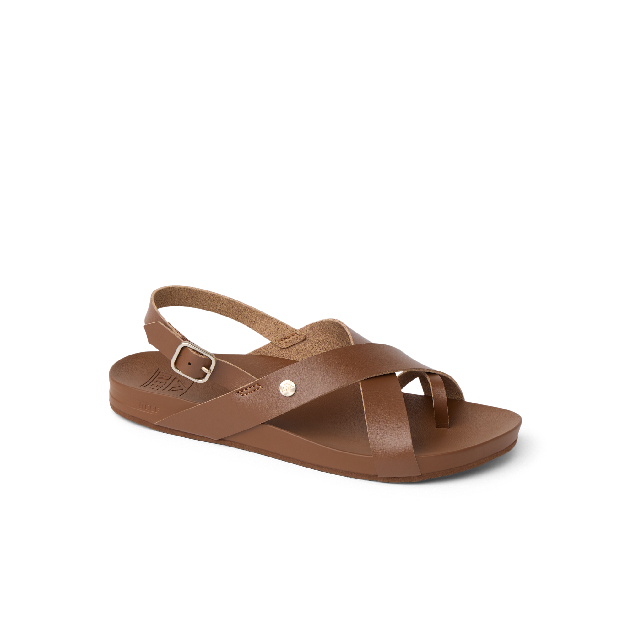 Vista Malia sandal in chocolate brown facing right, close-up of front and side with cushioned arch support and toe strap.
