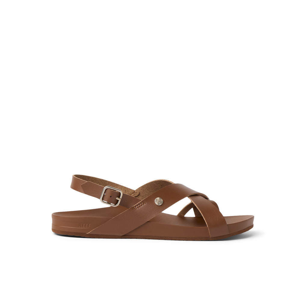 Vista Malia sandal in brown facing left, showing side profile with adjustable strap and cushioned sole for comfort.