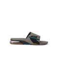 Fanning + Slide facing right, men's water-friendly sandal in tan and spruce with oversized airbag heel and REEFlex cushioning