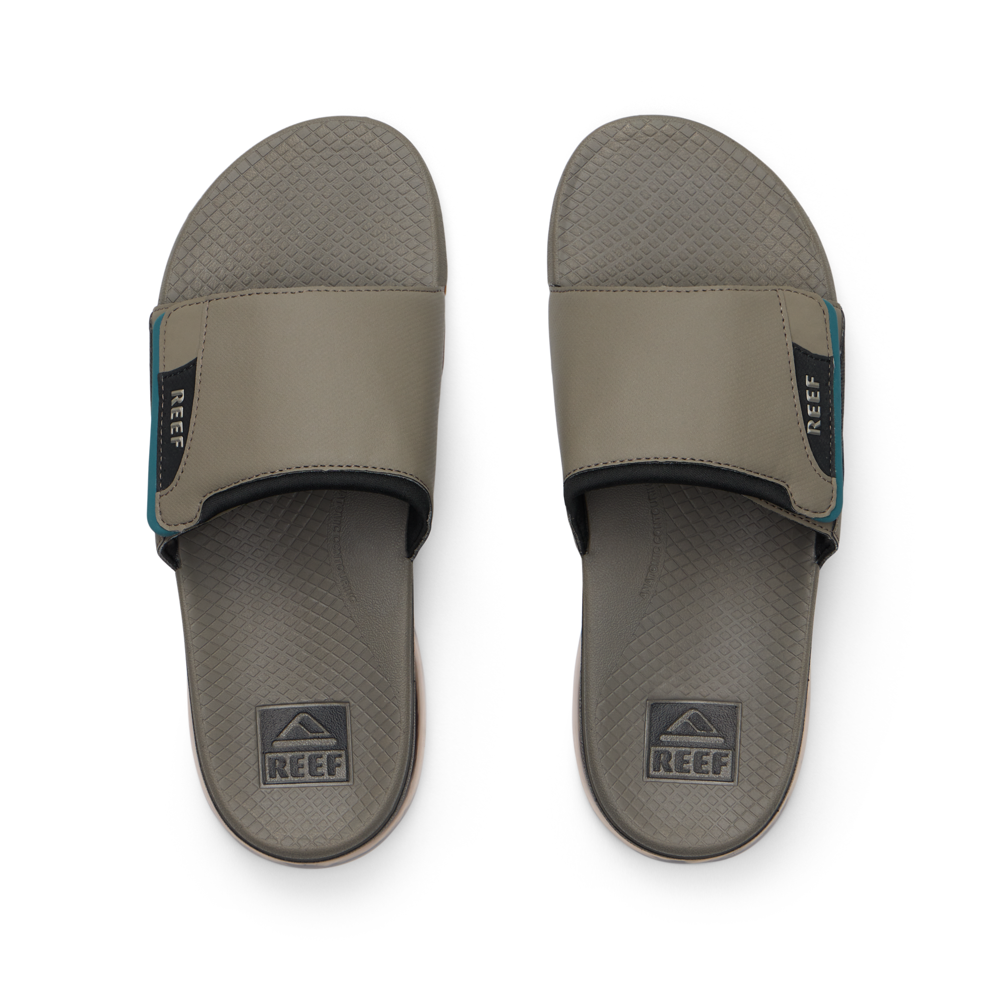 Pair of Fanning + Slide men's brown and spruce water-friendly slides overhead with cushioned footbeds and anatomical arch support.