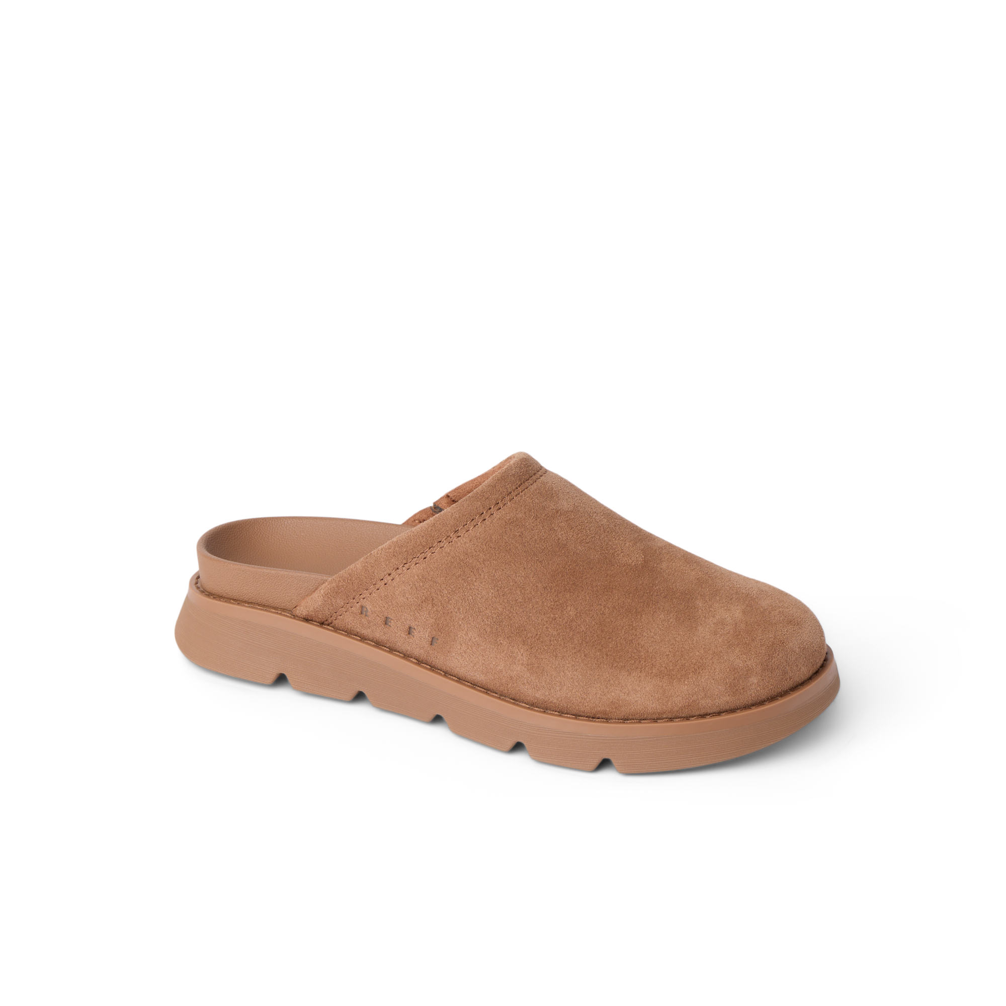 Vista Luxe Mariana women’s brown slip-on clog facing left, soft suede upper with cushioned, arch-support sole.