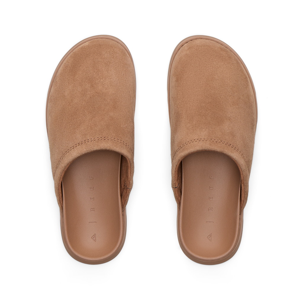 Vista Luxe Mariana women's slip-on shoes facing upward, soft brown with cushioned footbeds for beach-inspired comfort.