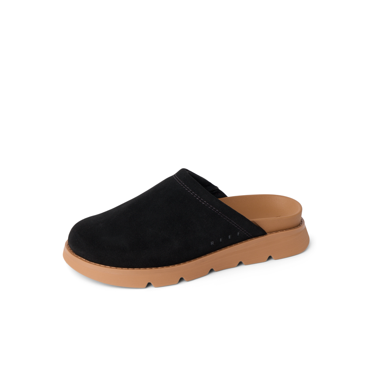 Vista Luxe Mariana womens clog facing right, black upper with tan sole, soft cushioning and arch support visible