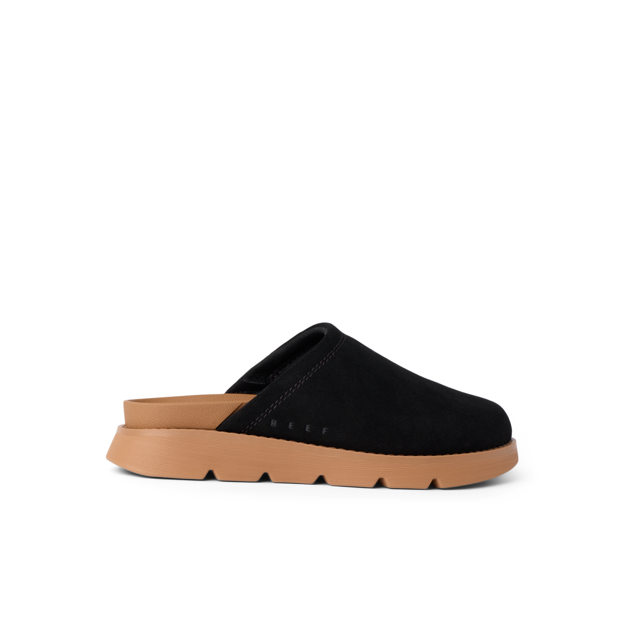 Vista Luxe Mariana women's black slip-on sandal facing right, showing side profile with cushioned sole and arch support.