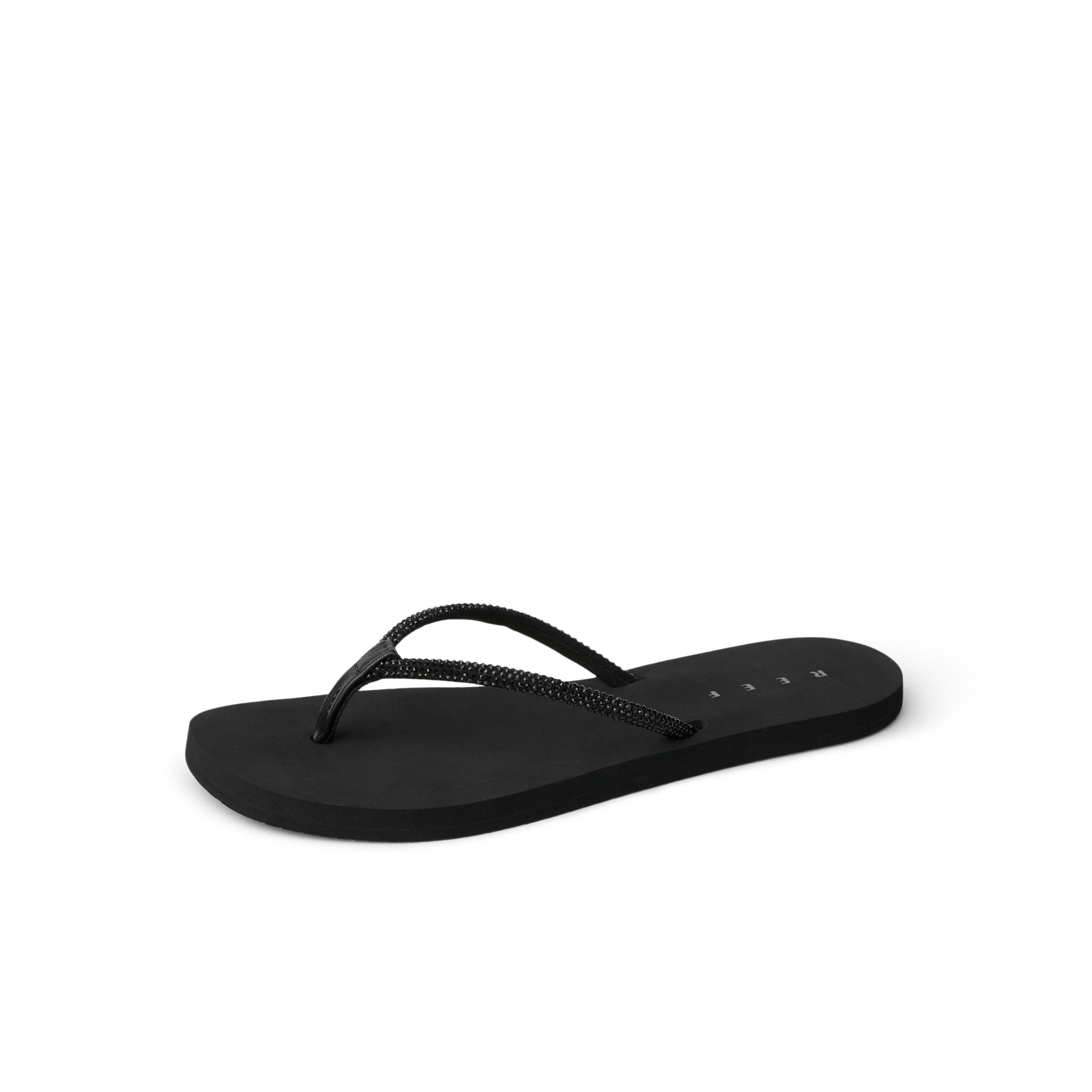 Bliss Bling Fling black flip flop facing right, close-up of front straps, beach-inspired comfort with arch support.