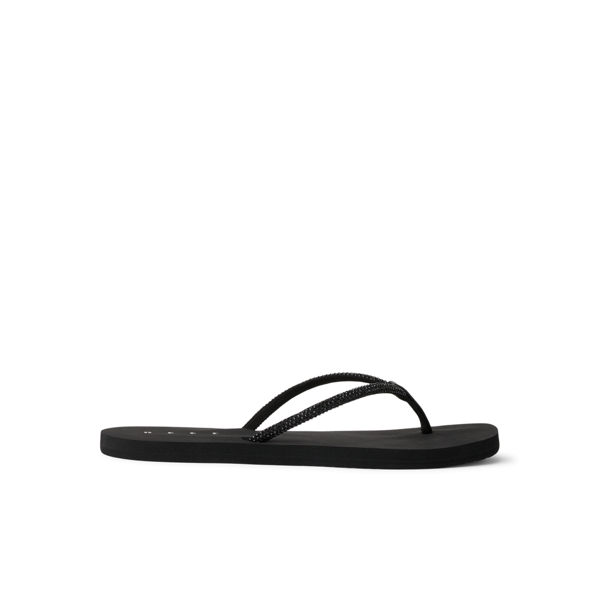 Bliss Bling Fling women's black water-friendly flip flop facing left, showing side profile with cushioned sole and arch support.