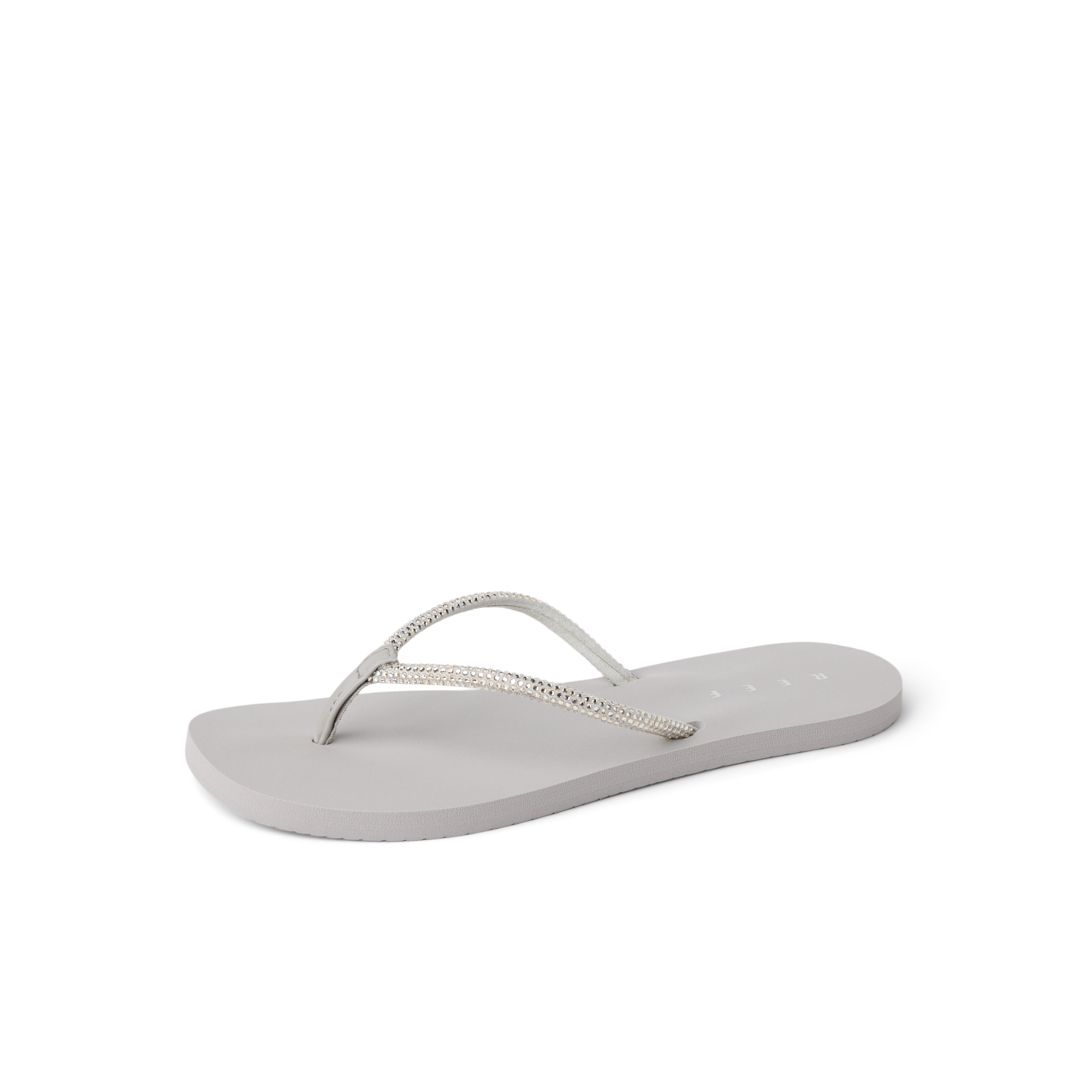 Bliss Bling Fling silver women’s flip flop facing left, soft-rebound cushioning with anatomical arch support for beach comfort