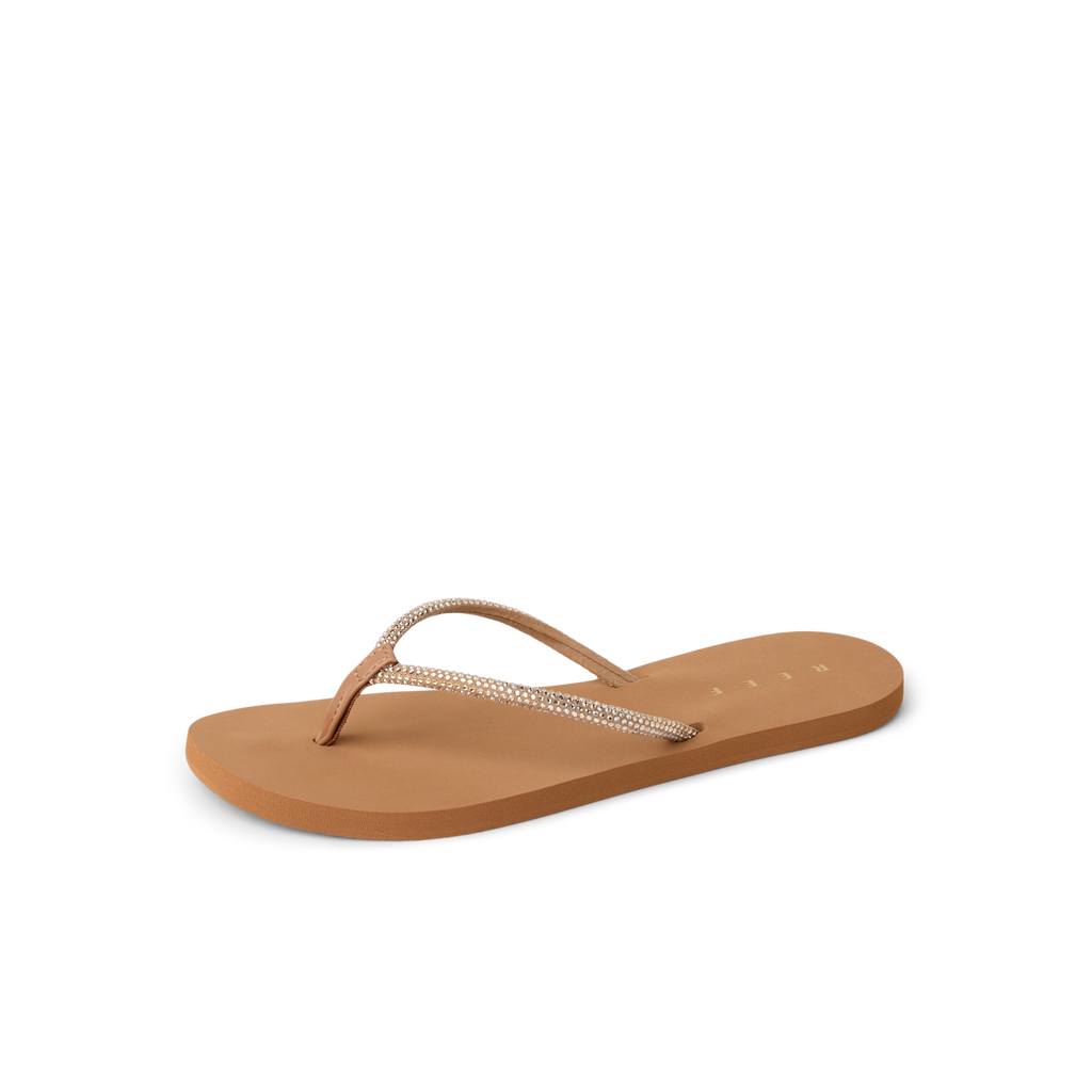 Bliss Bling Fling women's sandal facing right, close-up of tan cushioned sole and sparkling strap, beach-inspired comfort design.