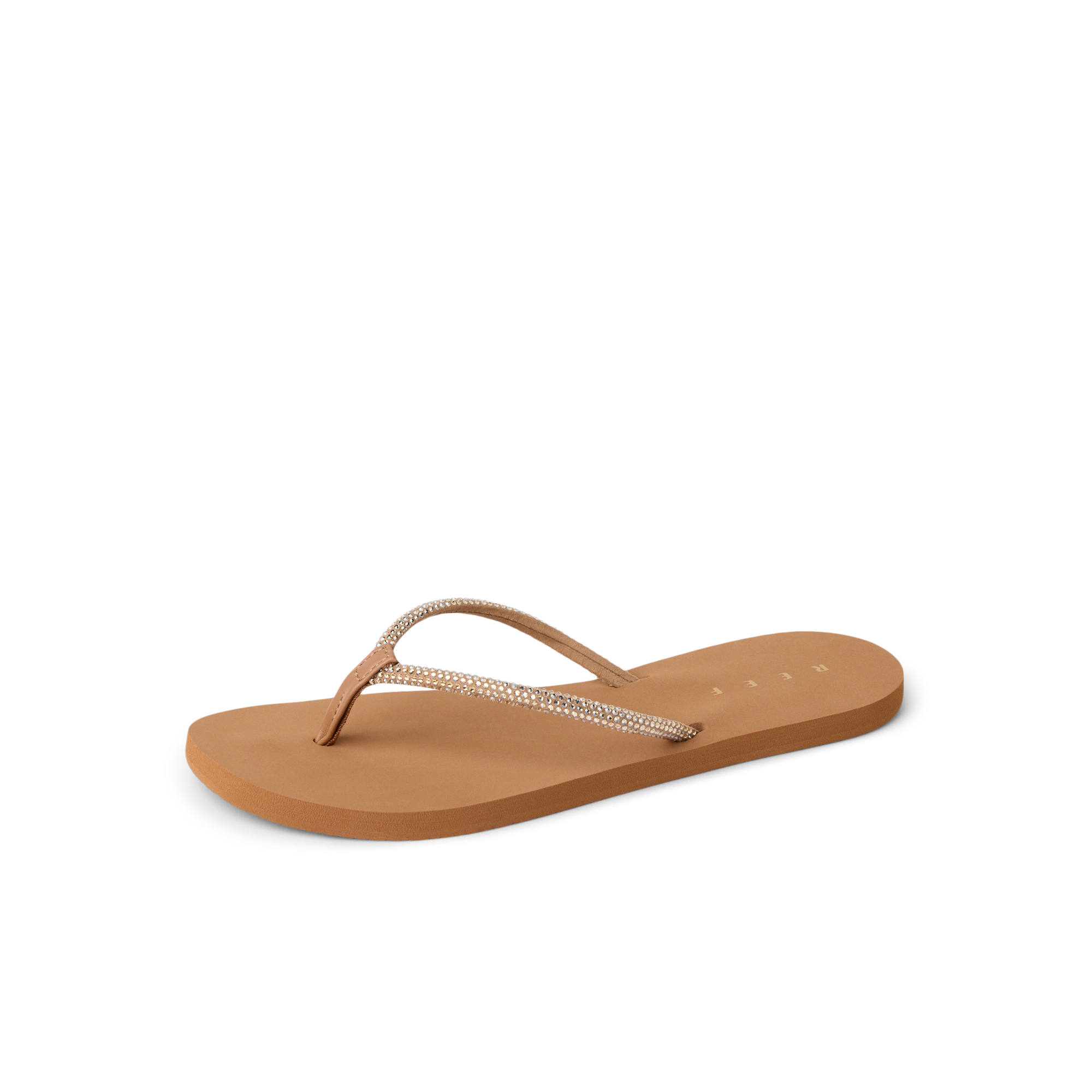 Bliss Bling Fling women's sandal facing right, close-up of tan cushioned sole and sparkling strap, beach-inspired comfort design.