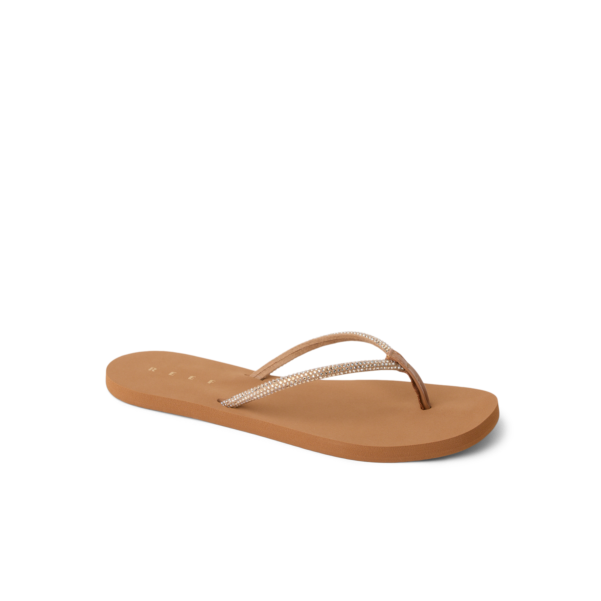Bliss Bling Fling right-facing tan sandal with rhinestone straps, featuring comfort and anatomical arch support for beachwear.