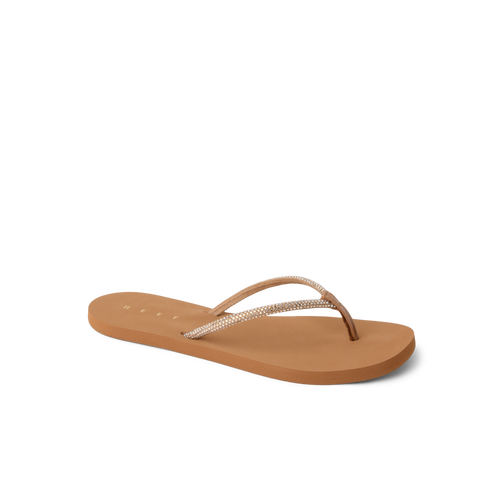 Bliss Bling Fling right-facing tan sandal with rhinestone straps, featuring comfort and anatomical arch support for beachwear.