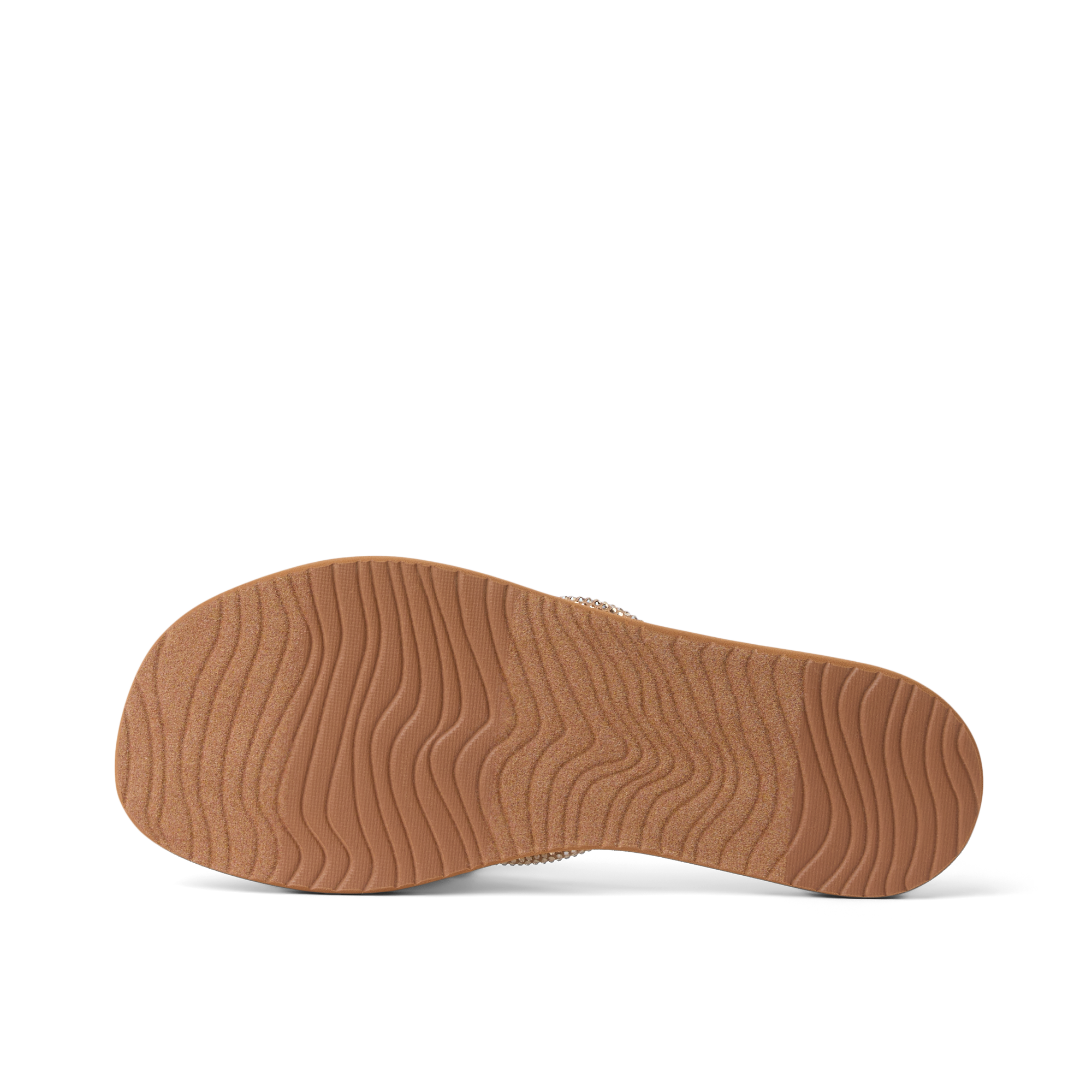 Bliss Bling Fling right footwear outsole close-up showing wave-patterned rubber tread for durable beach comfort and grip
