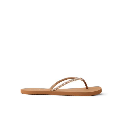 Bliss Bling Fling women's sandal facing right, close-up of cushioned sole and bling straps, beach-inspired comfort design.