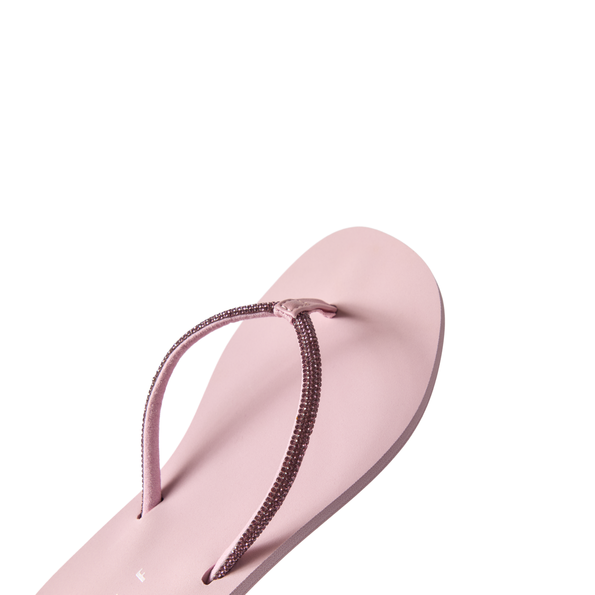 Bliss Bling Fling women's sandal facing left, close-up of toe area with pink, sparkly straps, beach-inspired comfort design.