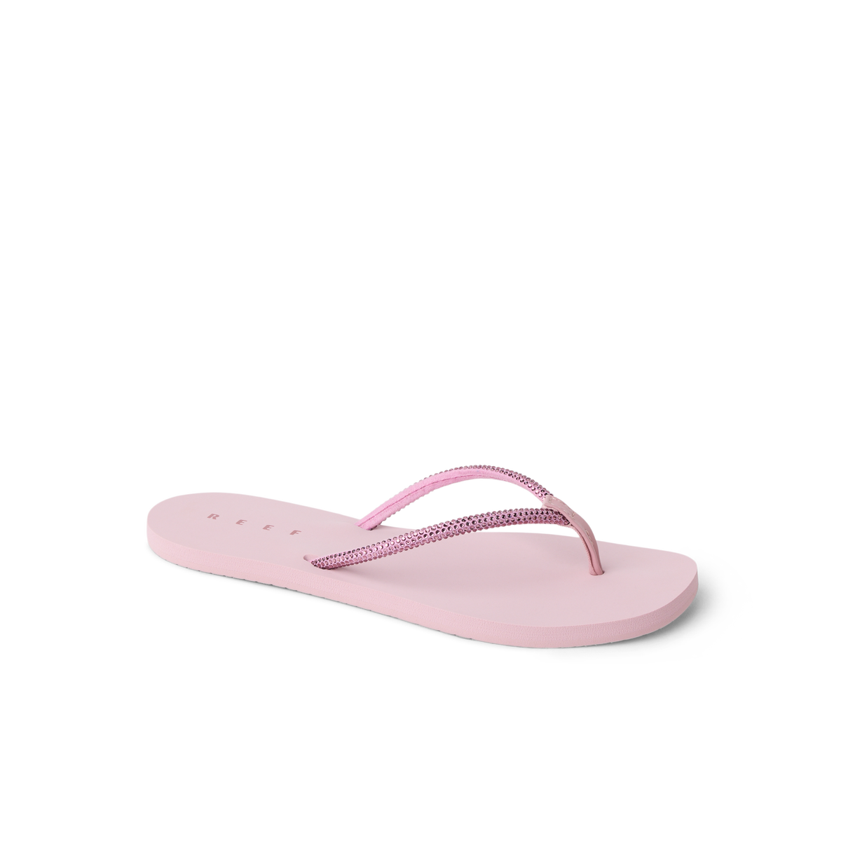 Bliss Bling Fling left-facing pink sandal close-up showing cushioned footbed and sparkling straps for beach comfort and style