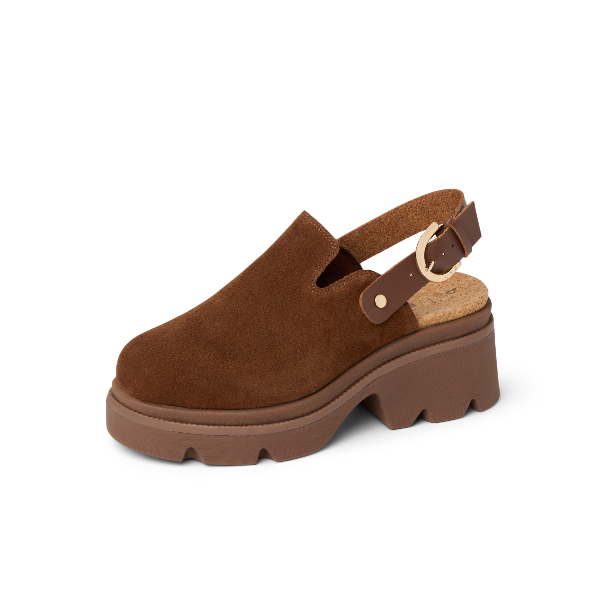Vista Luxe Solene brown suede clog facing left with platform sole, adjustable buckle, and structured arch support heel close-up.