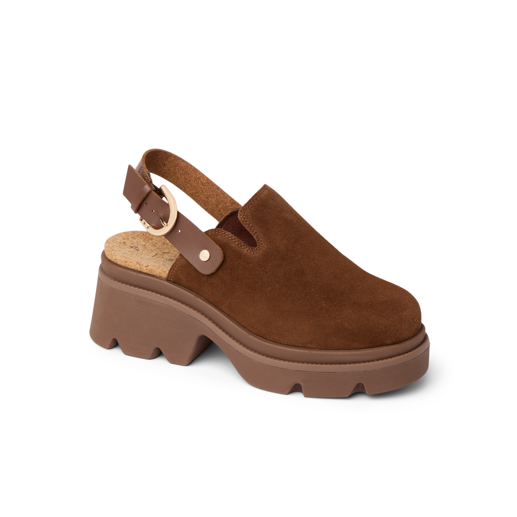 Vista Luxe Solene brown suede platform clog facing left, close-up of side with adjustable buckle strap and arch support.