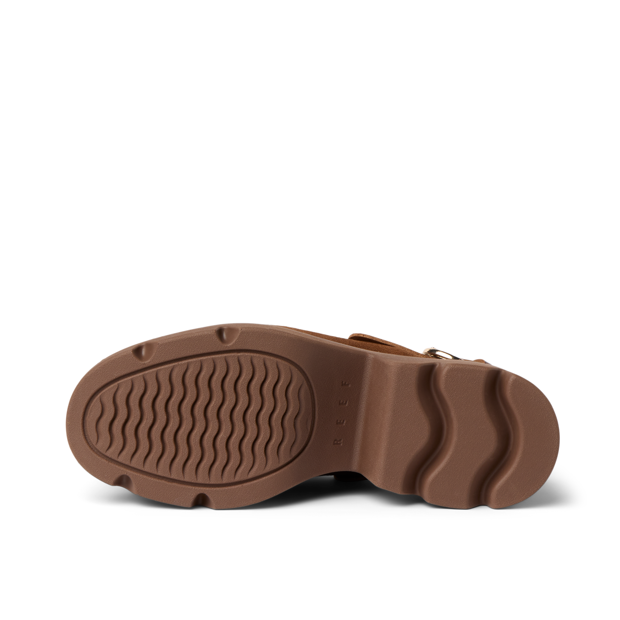 Vista Luxe Solene clog sole close-up showing brown platform outsole with structured arch support, facing upwards.
